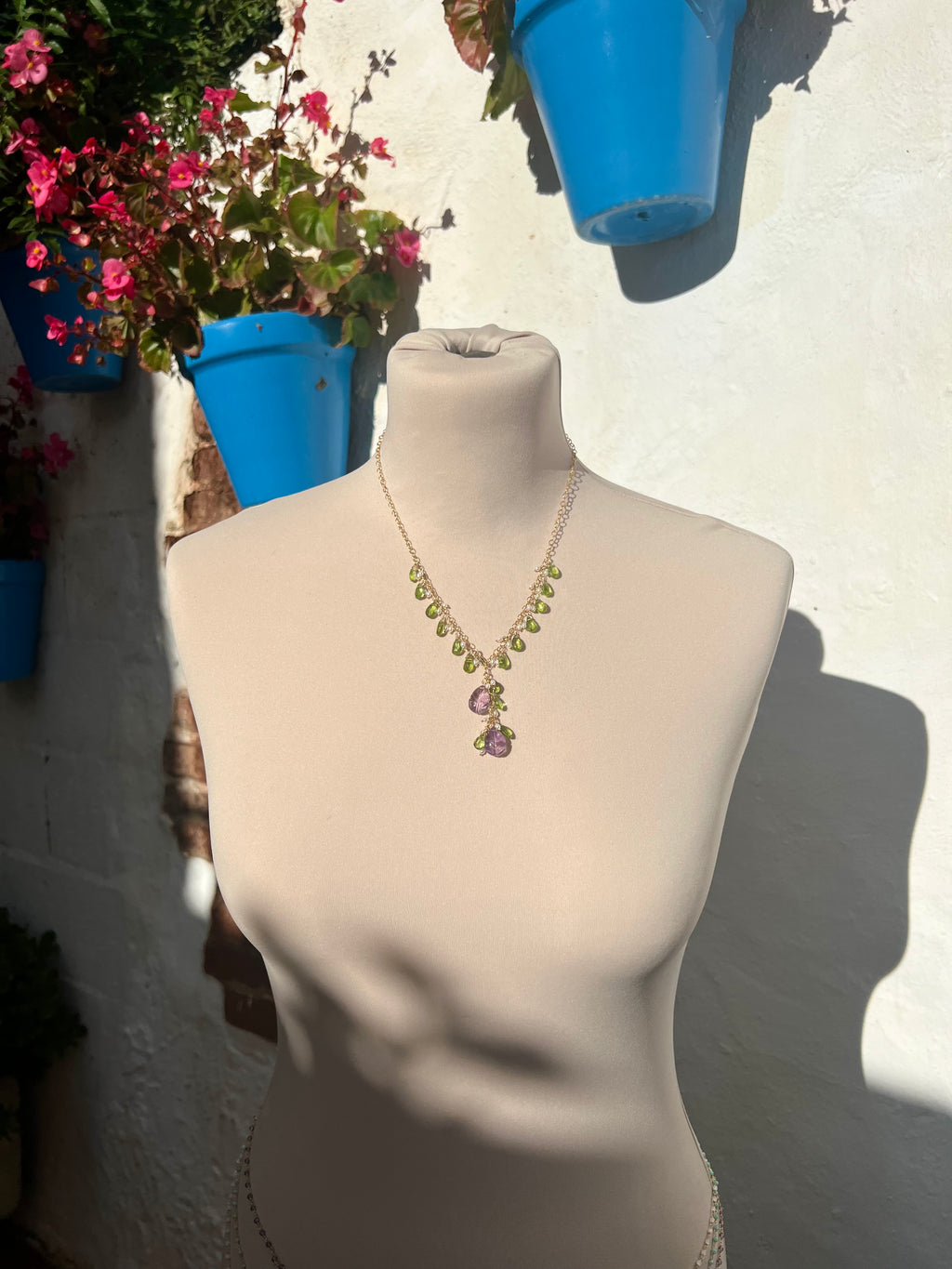Necklace “Flora”, Carved amethyst flower and peridot drops necklace