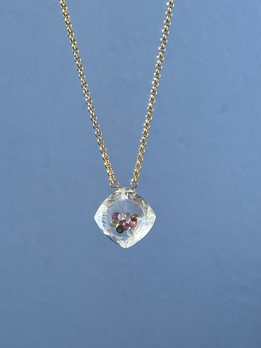 Crystal pendant inclusive tourmalines on gold vermeil chain