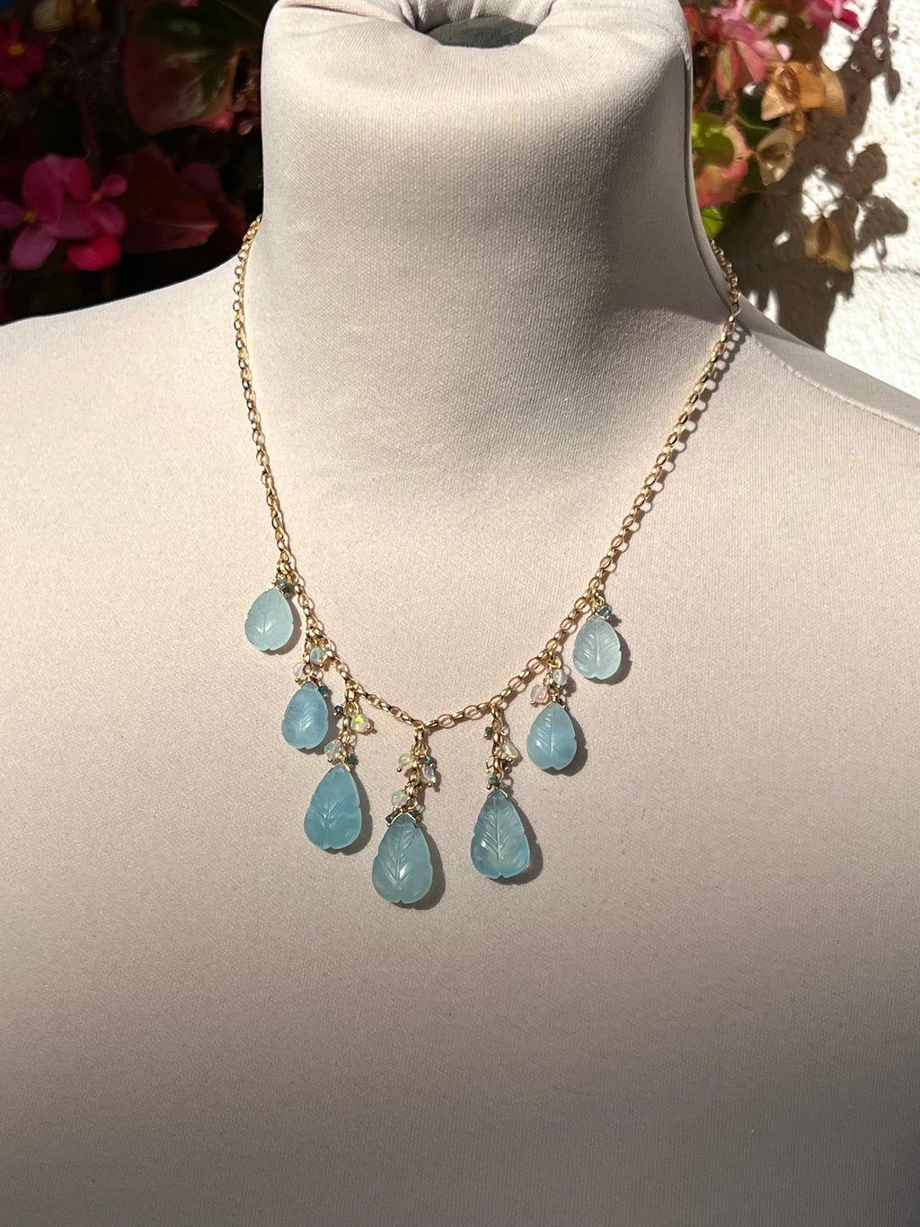 Carved aquamarine leaves necklace