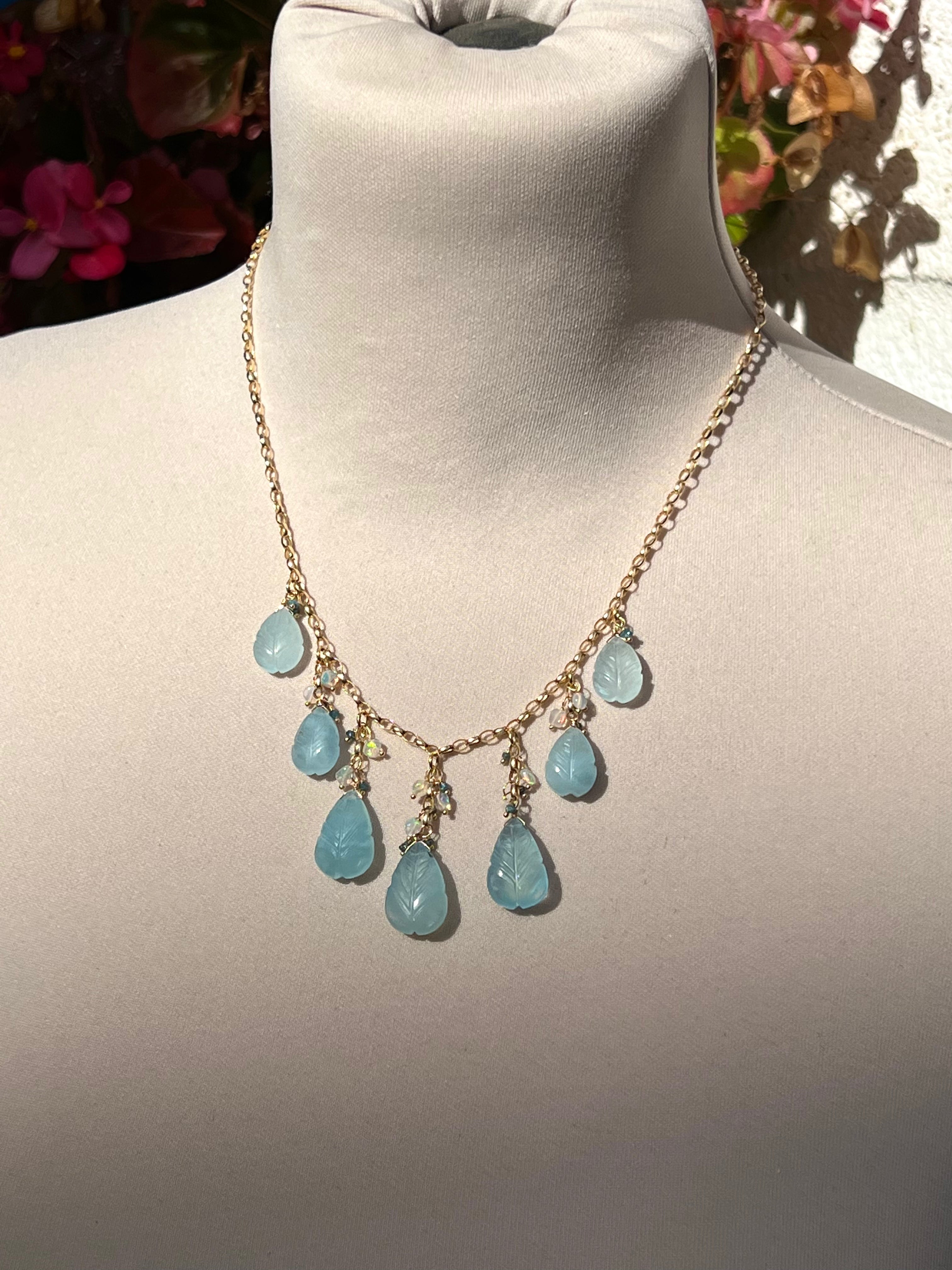 Carved aquamarine leaves necklace