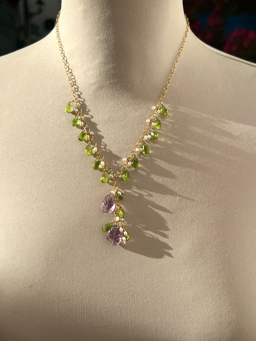 Necklace “Flora”, Carved amethyst flower and peridot drops necklace