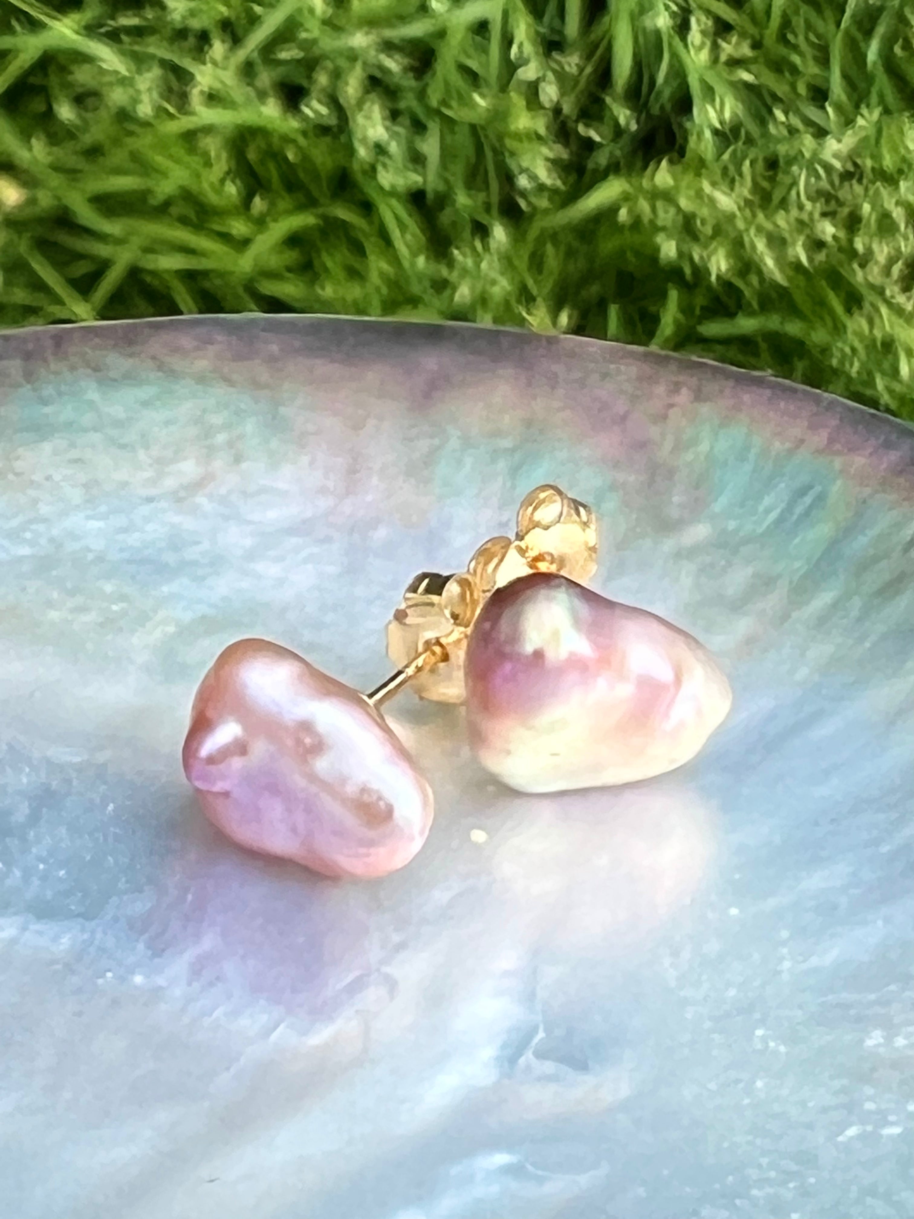 Purple keshi pearl stud earrings