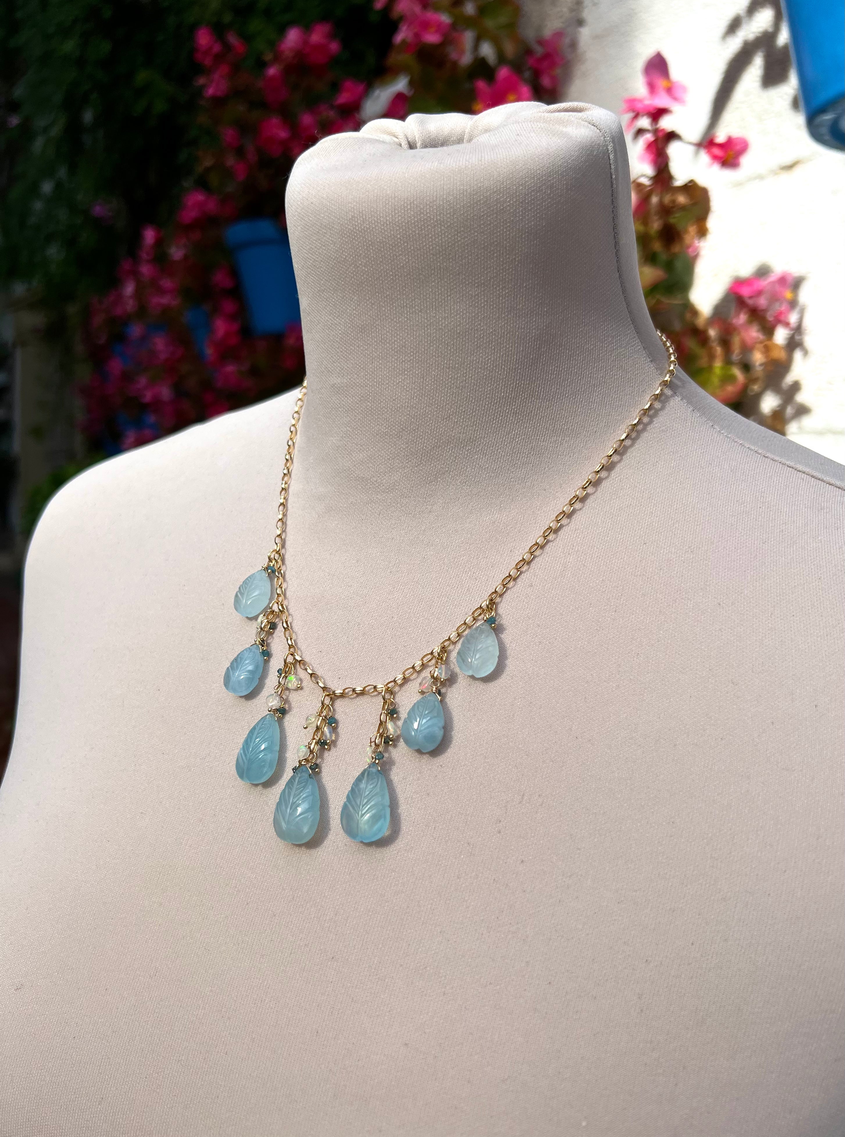 Carved aquamarine leaves necklace