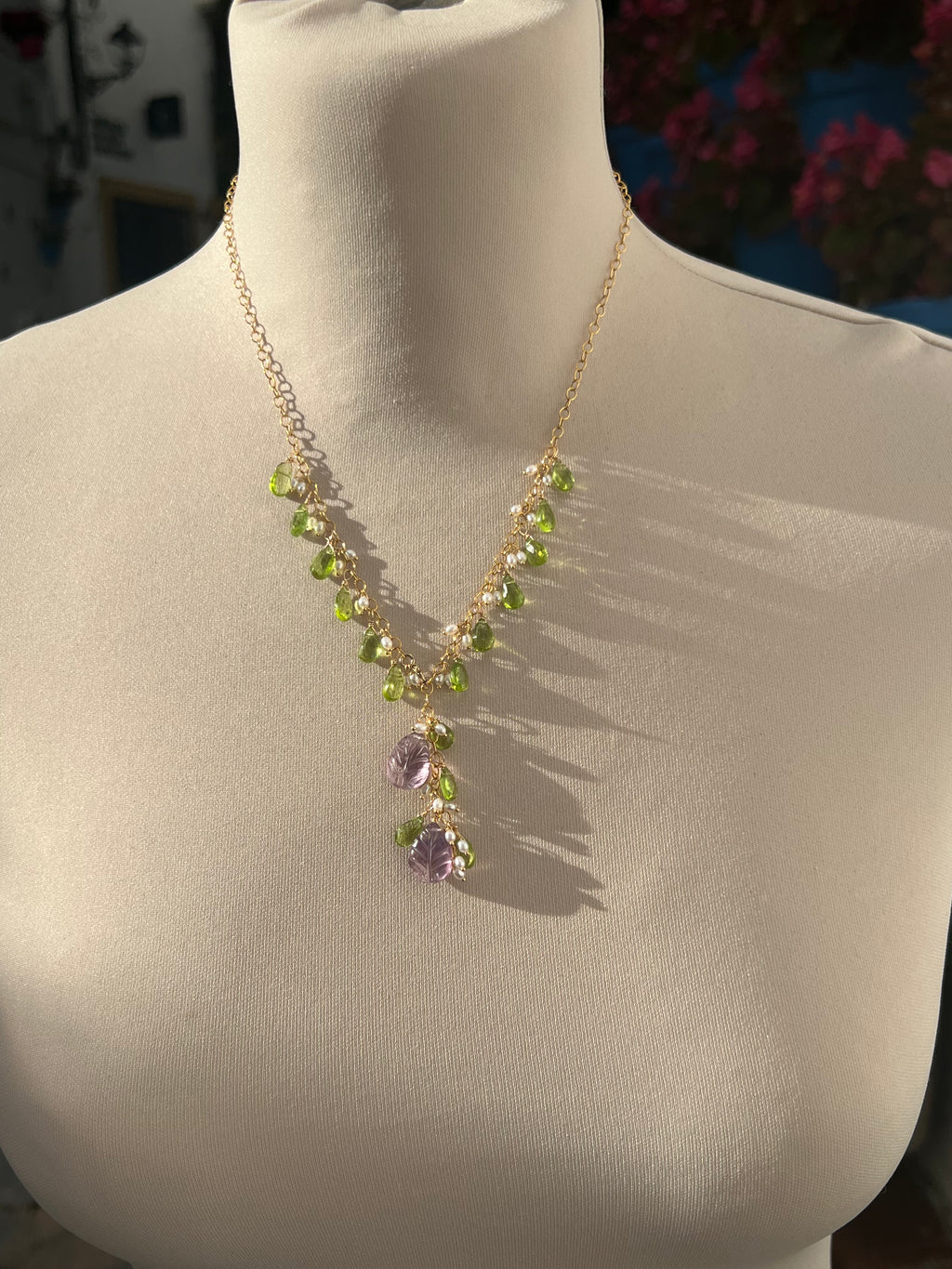 Necklace “Flora”, Carved amethyst flower and peridot drops necklace