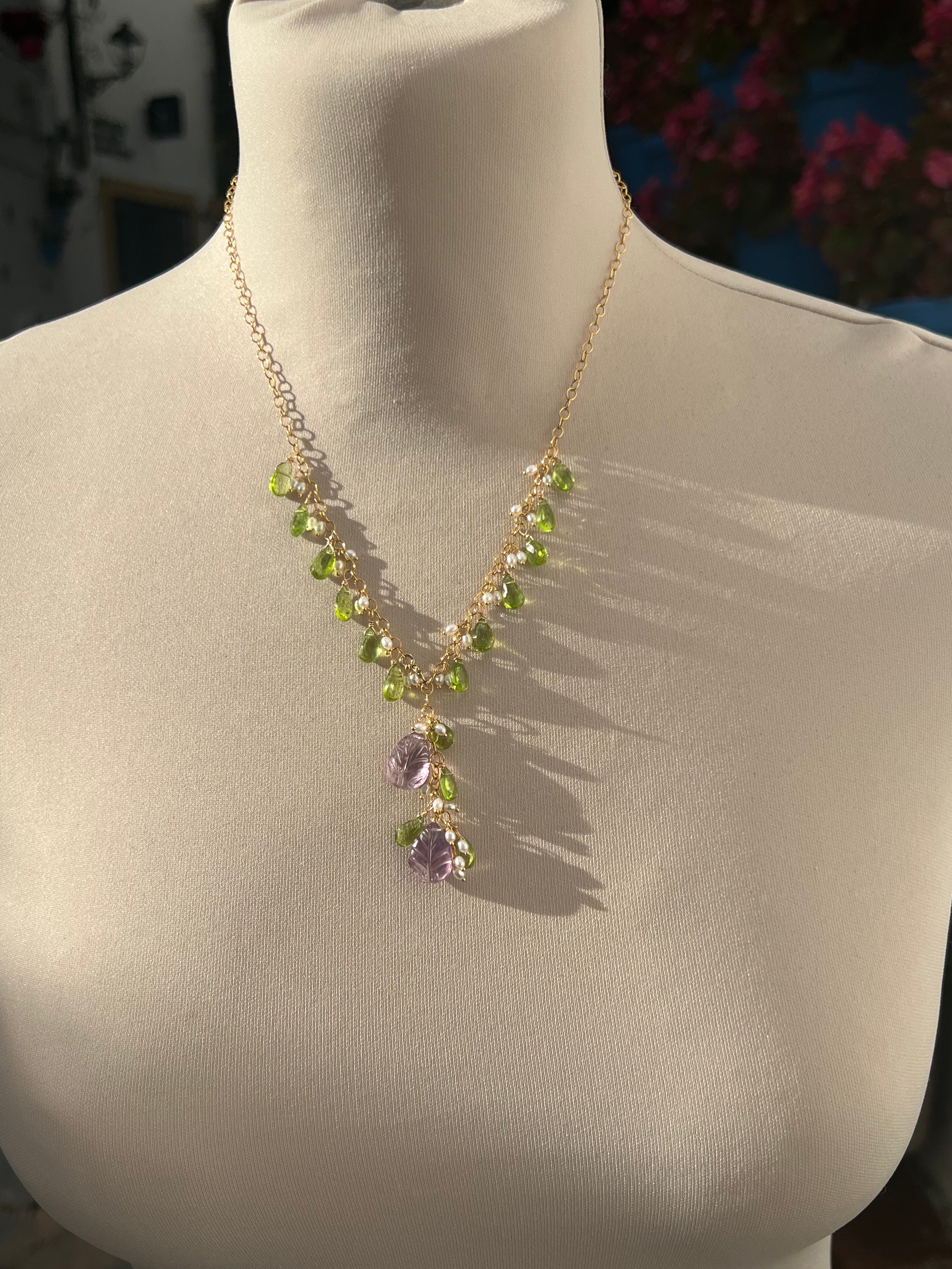 Necklace “Flora”, Carved amethyst flower and peridot drops necklace