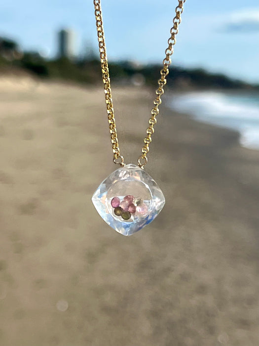 Crystal pendant inclusive tourmalines on gold vermeil chain