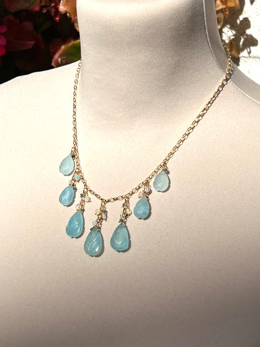 Carved aquamarine leaves necklace