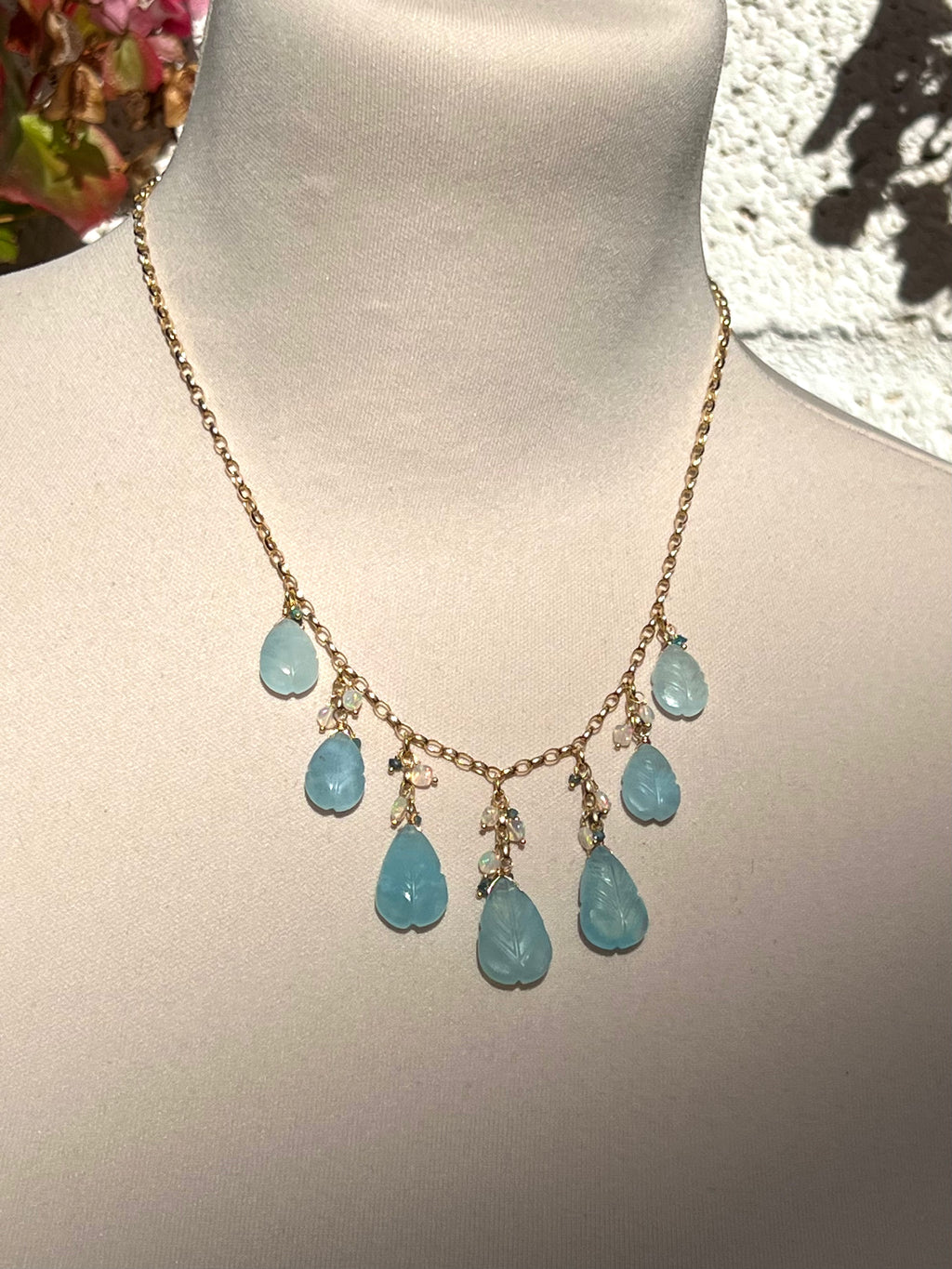 Carved aquamarine leaves necklace