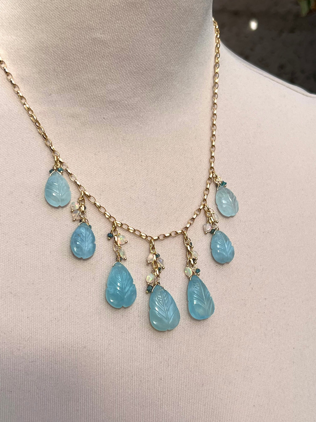 Carved aquamarine leaves necklace