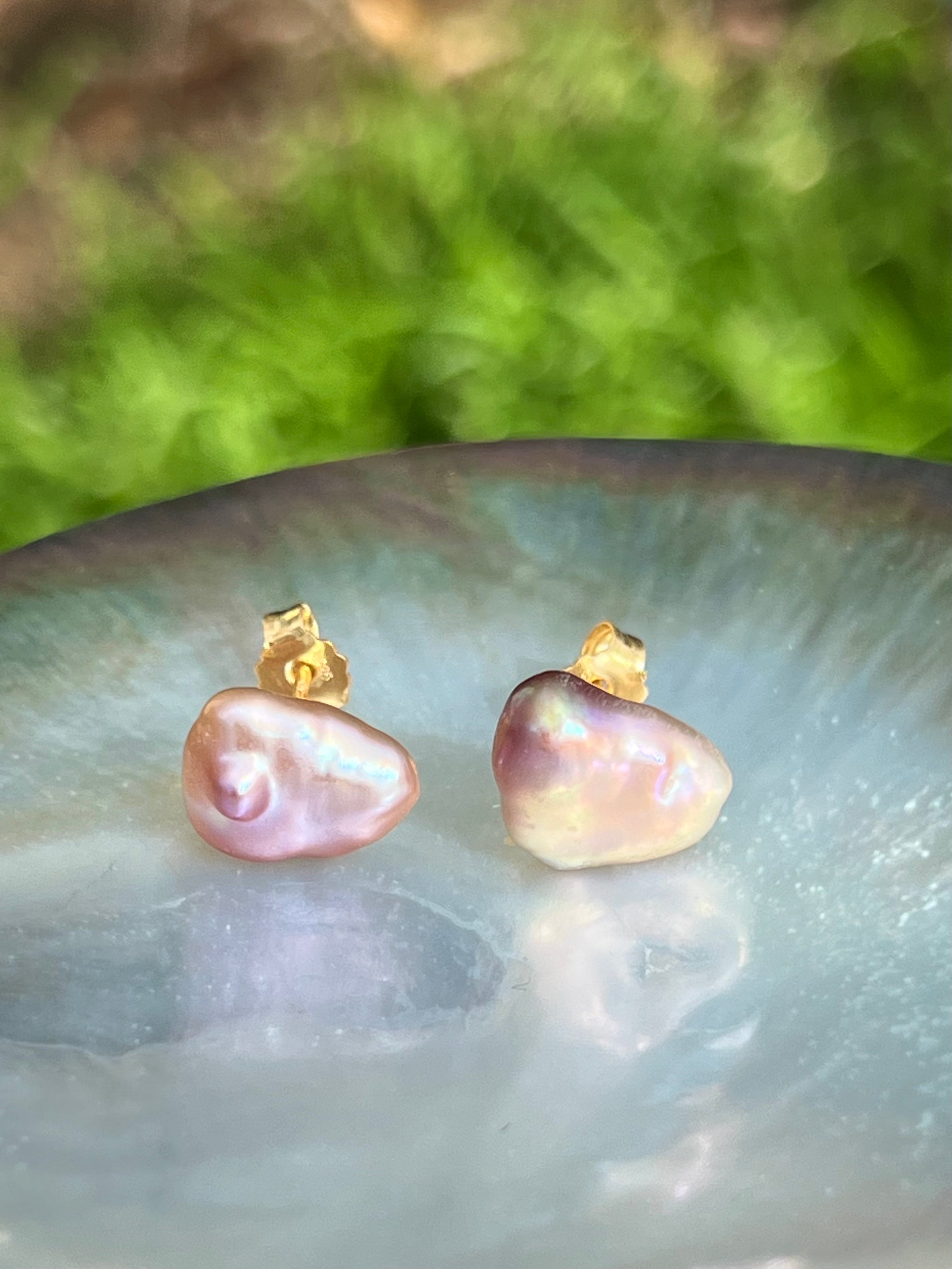 Purple keshi pearl stud earrings