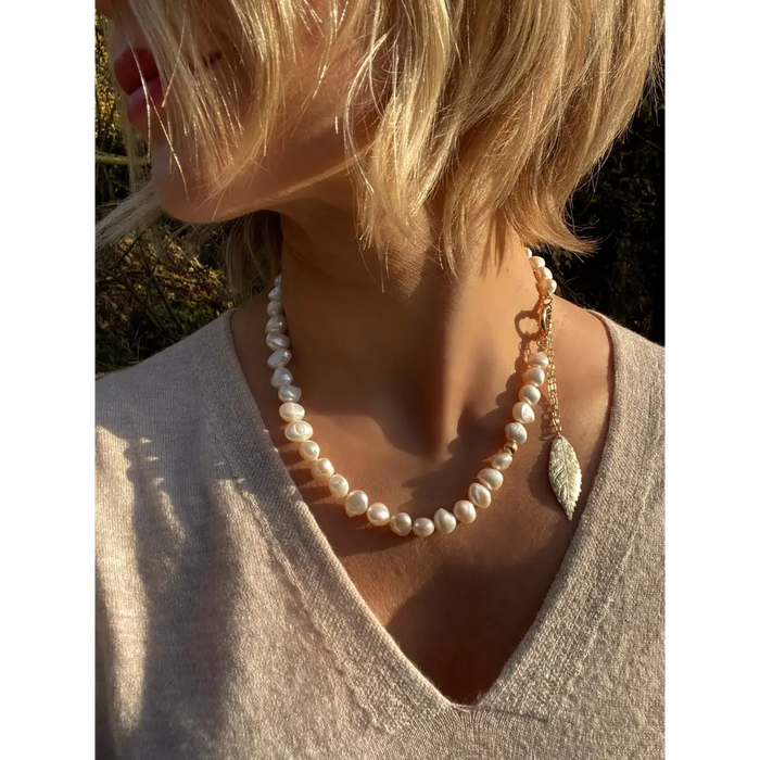 Irregular fresh water pearls necklace with gold plated silver leaf pen
