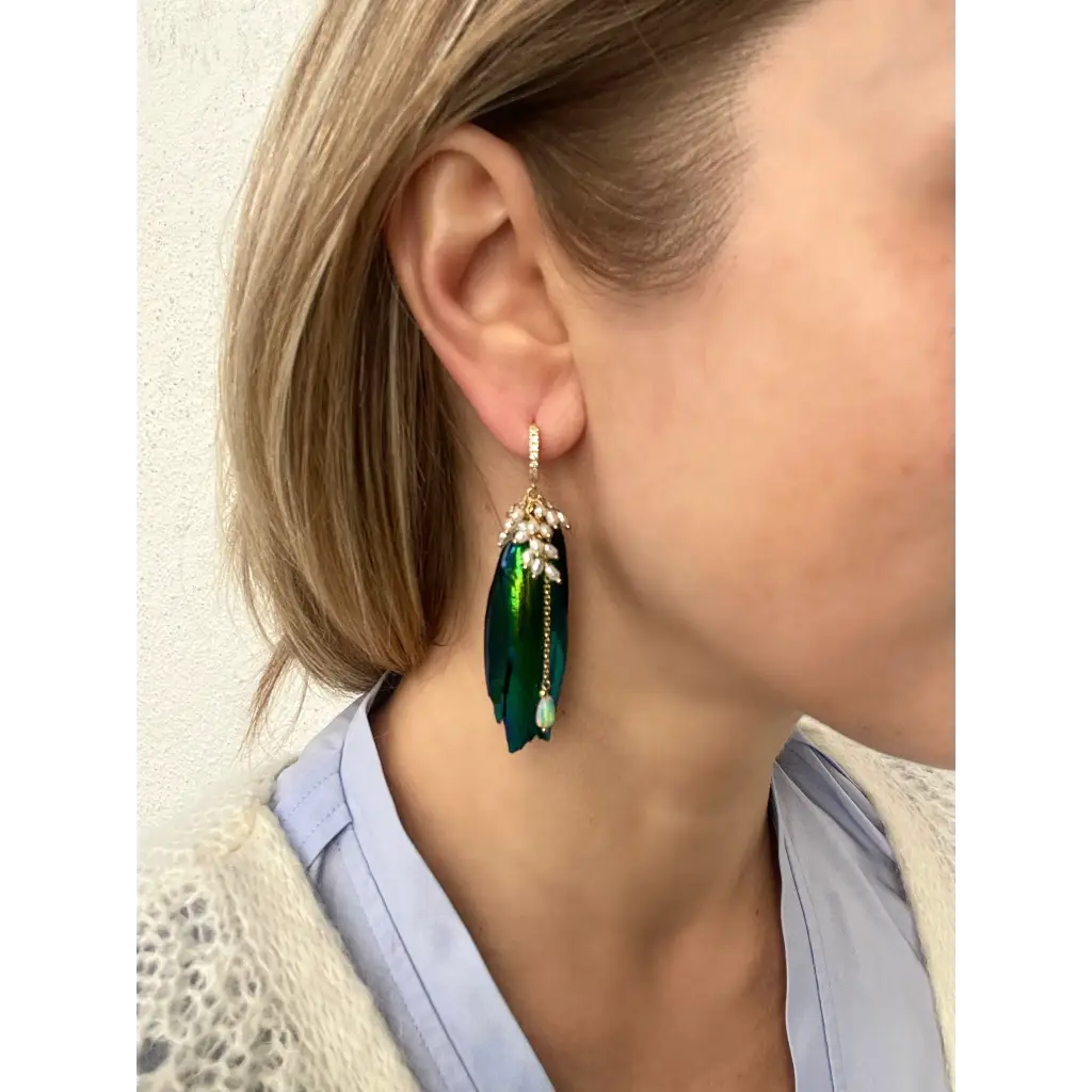 Jewel beetle Elytra wings mismatched earrings with fresh