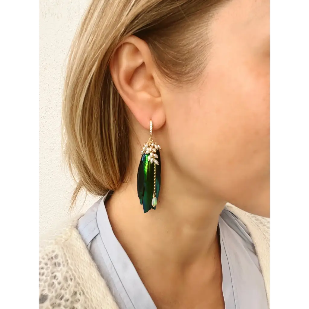 Jewel beetle Elytra wings mismatched earrings with fresh