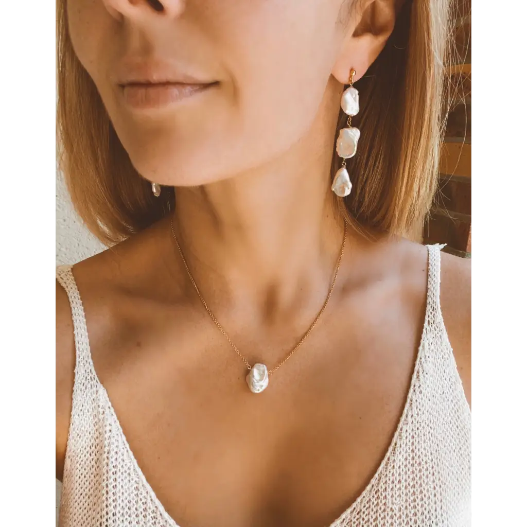 Keshi pearl long drop earrings gold vermeil stud closure