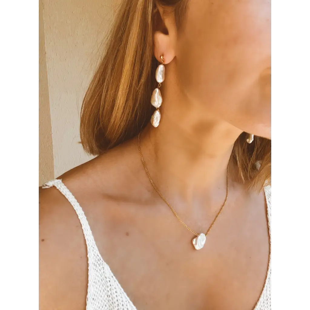 Keshi pearl long drop earrings gold vermeil stud closure
