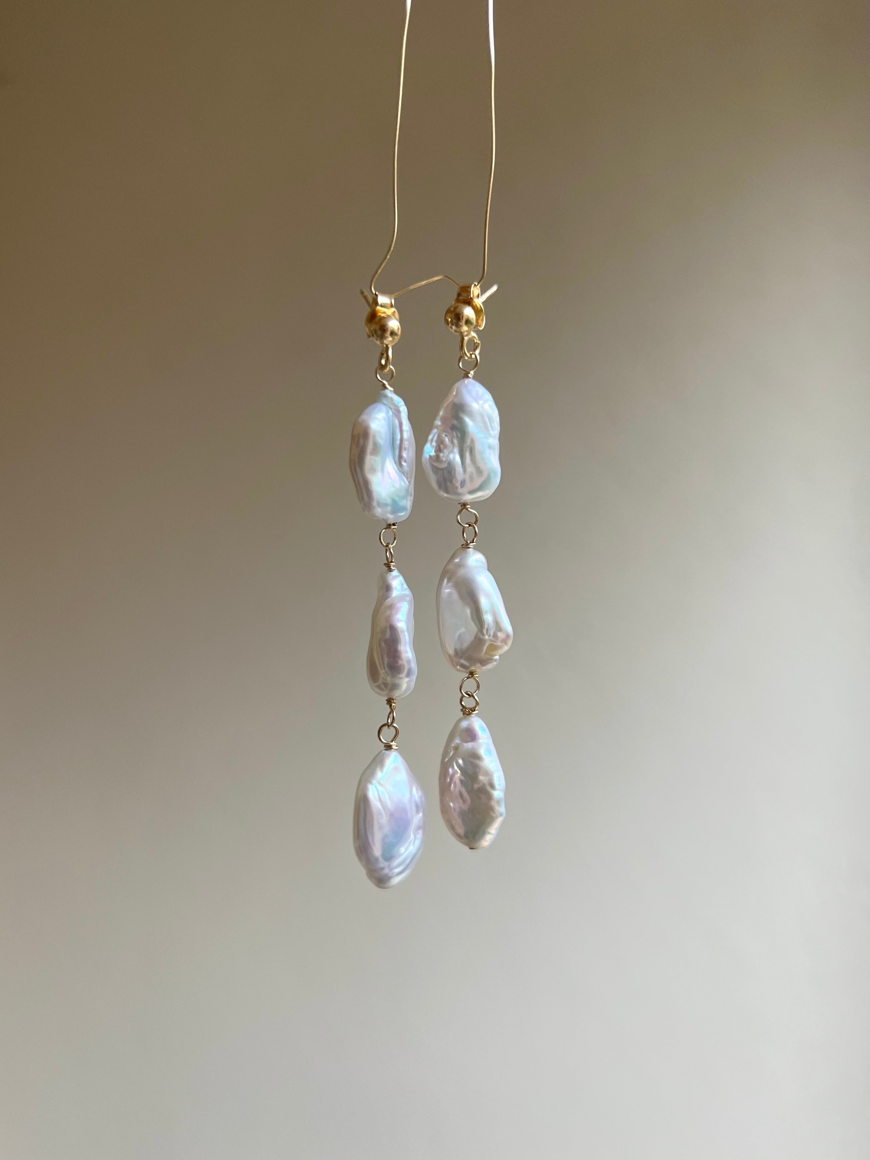 Keshi pearl long drop earrings gold vermeil stud closure