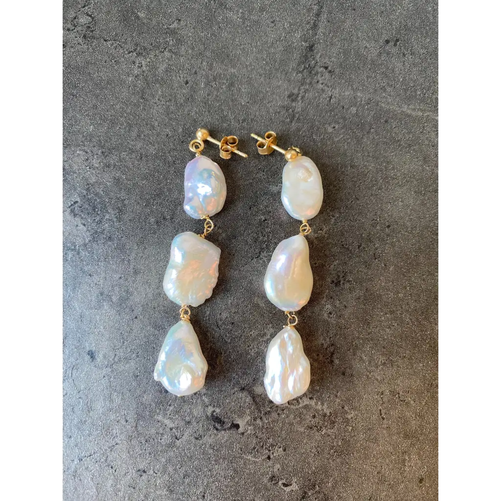 Keshi pearl long drop earrings gold vermeil stud closure