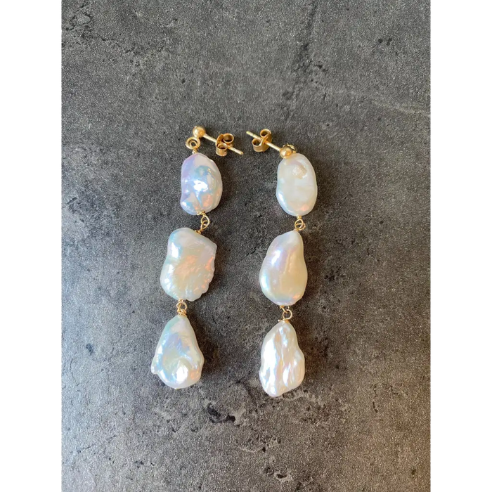 Keshi pearl long drop earrings gold vermeil stud closure