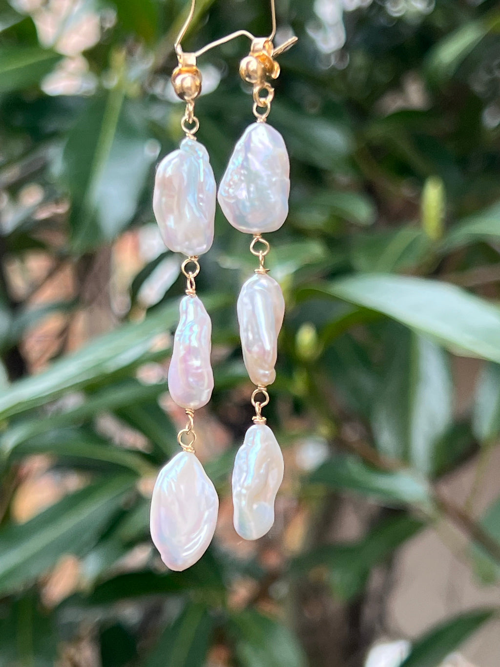 Keshi pearl long drop earrings gold vermeil stud closure