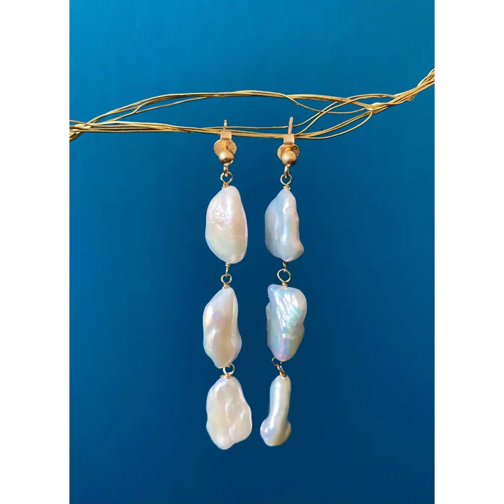 Keshi pearl long drop earrings gold vermeil stud closure