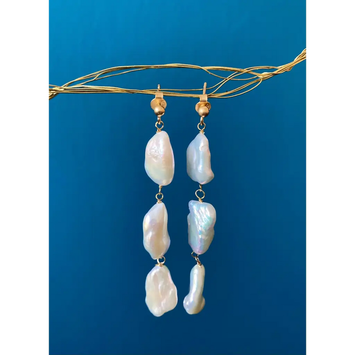 Keshi pearl long drop earrings gold vermeil stud closure