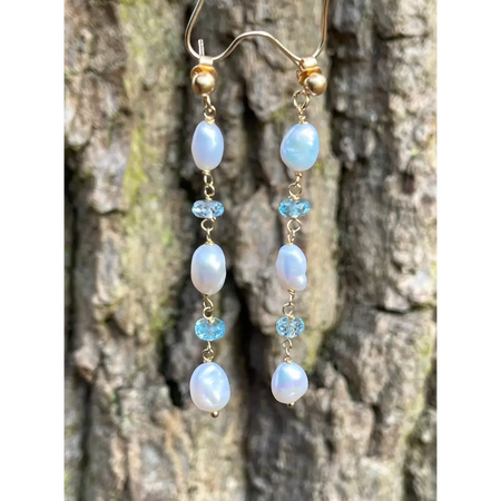 Keshi pearls and blue topaz or Ethiopian opal long drop