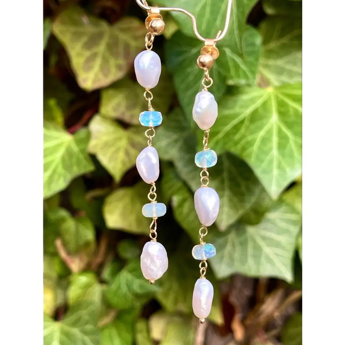 Keshi pearls and blue topaz or Ethiopian opal long drop