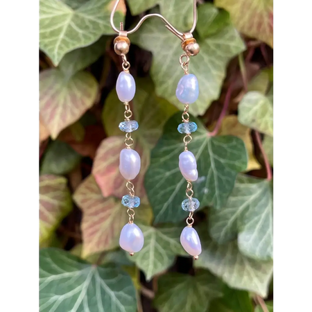 Keshi pearls and blue topaz or Ethiopian opal long drop