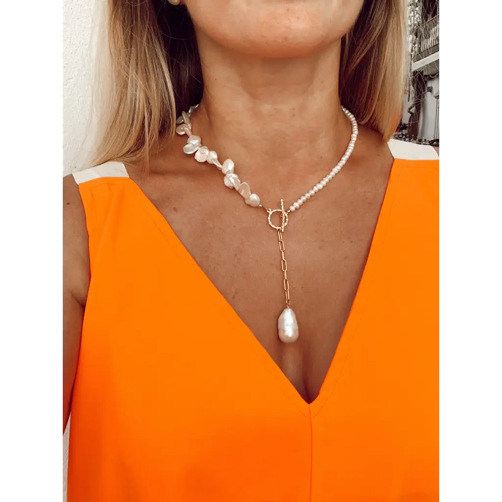 Keshi pearls and gold plated silver paperclip chain necklace