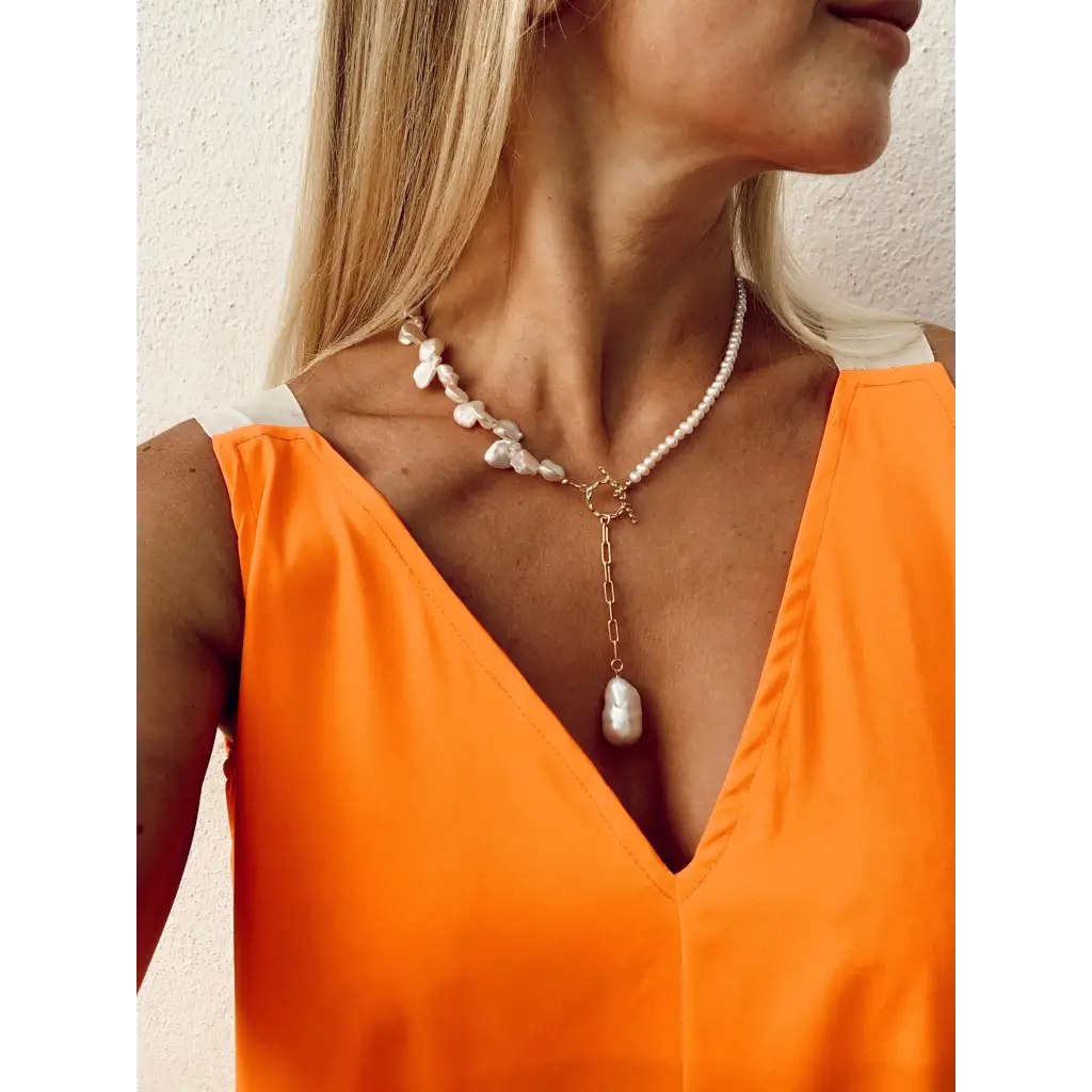 Keshi pearls and gold plated silver paperclip chain necklace