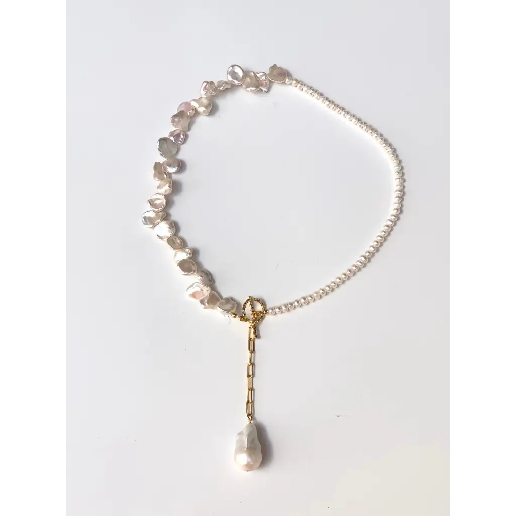Keshi pearls and gold plated silver paperclip chain necklace