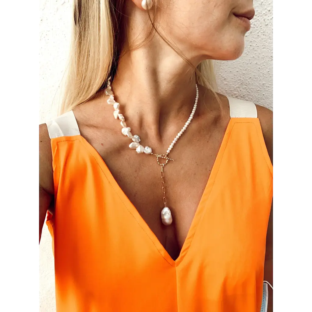 Keshi pearls and gold plated silver paperclip chain necklace