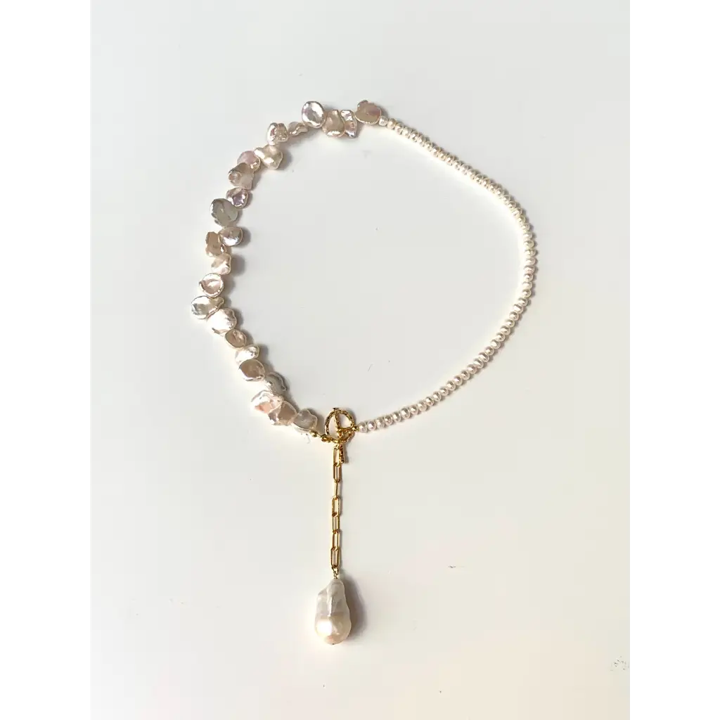 Keshi pearls and gold plated silver paperclip chain necklace