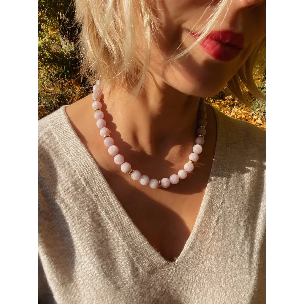 Top quality kunzite classic beaded necklace with gold plated
