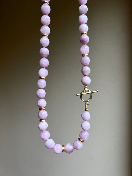 Kunzite classic beaded necklace with gold vermeil details