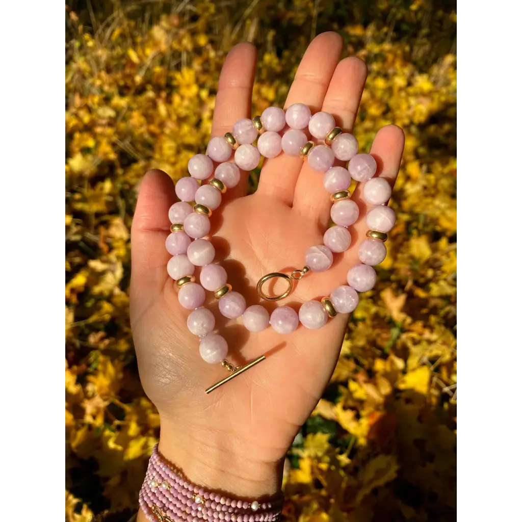 Top quality kunzite classic beaded necklace with gold plated