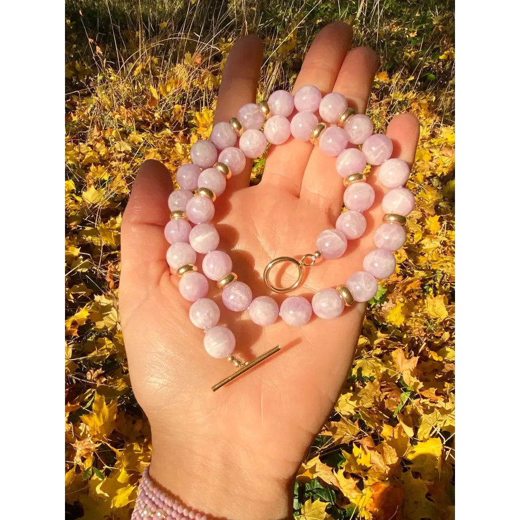 Top quality kunzite classic beaded necklace with gold plated