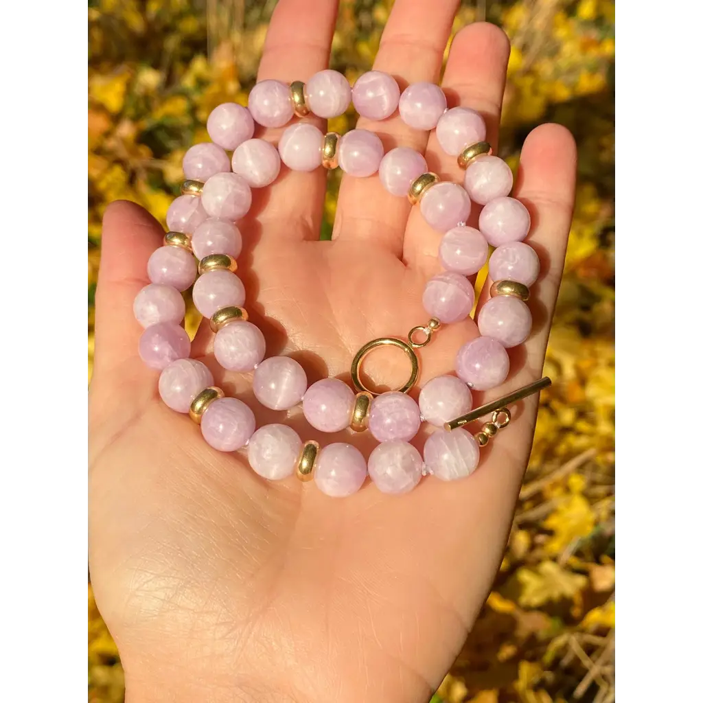 Top quality kunzite classic beaded necklace with gold plated