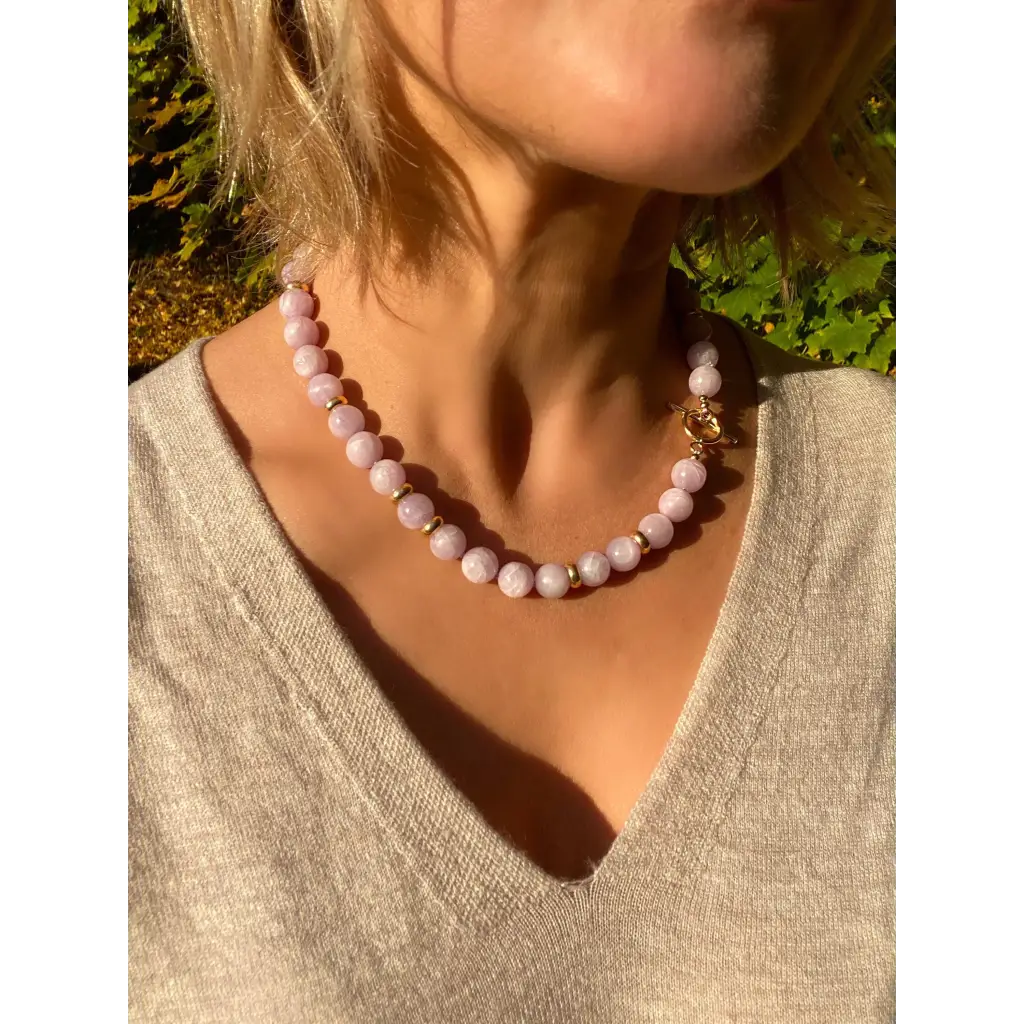 Top quality kunzite classic beaded necklace with gold plated