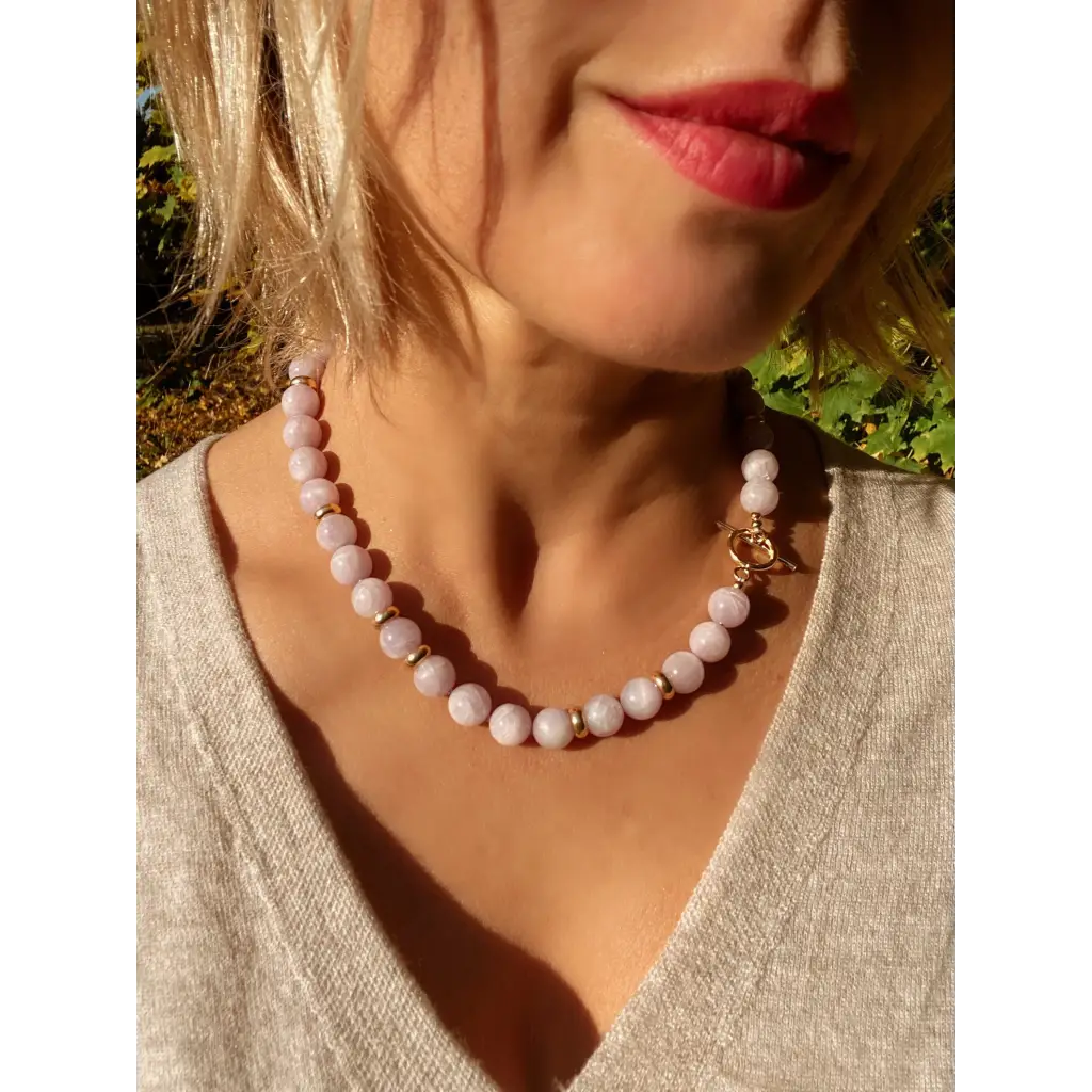 Top quality kunzite classic beaded necklace with gold plated