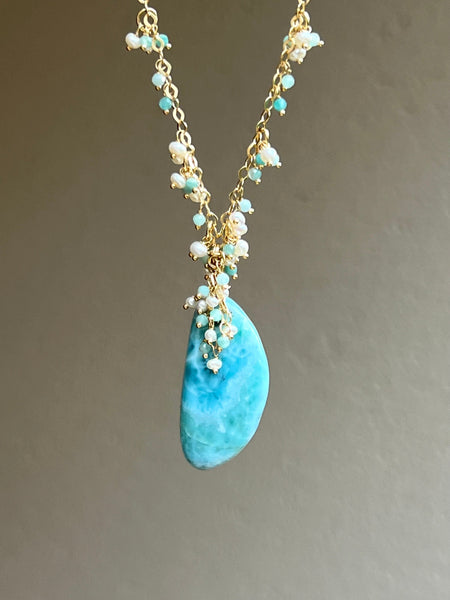 Laguna Necklace - larimar pearls and amazonite dainty