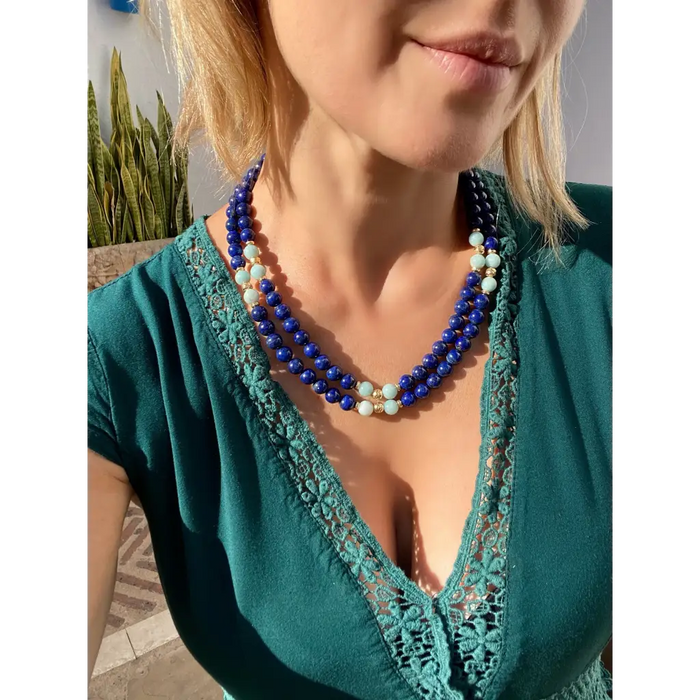 Lapis lazuli and amazonite long beaded necklace with gold