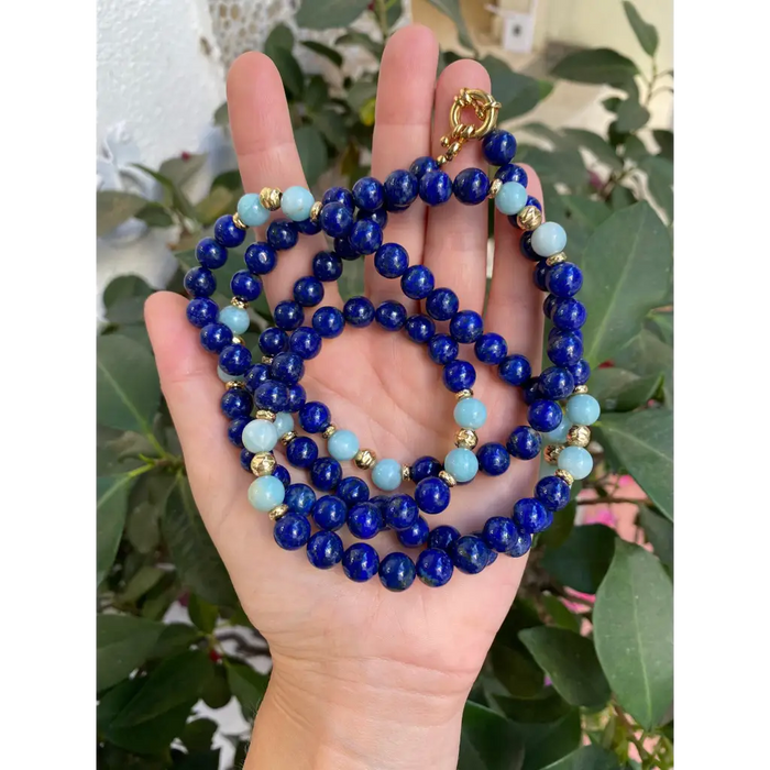 Lapis lazuli and amazonite long beaded necklace with gold