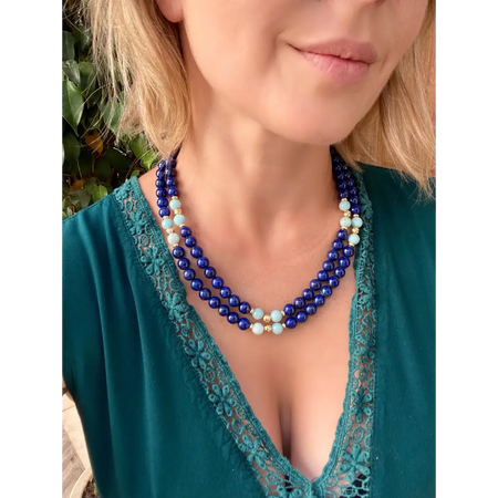 Lapis lazuli and amazonite long beaded necklace with gold