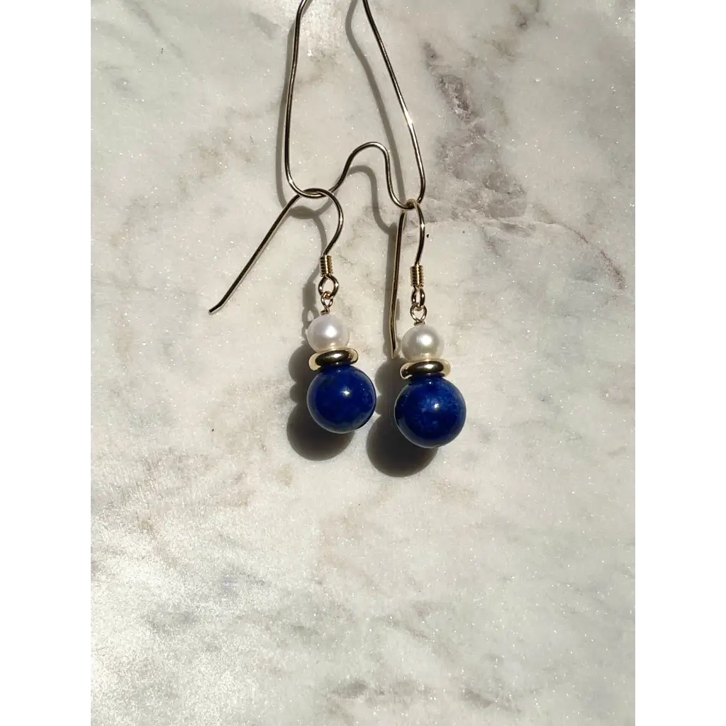 Lapis lazuli and pearl drop earrings cute gemstone earrings