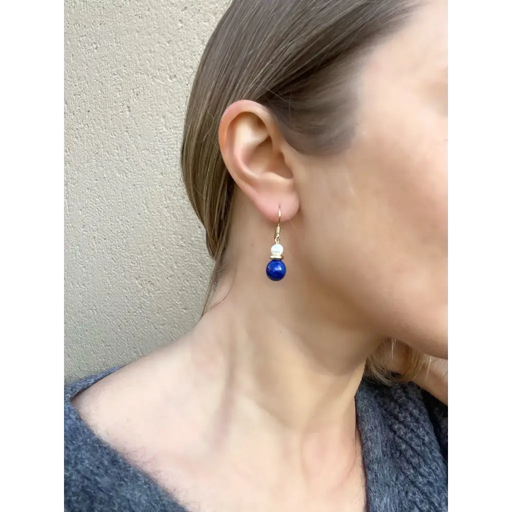 Lapis lazuli and pearl drop earrings cute gemstone earrings