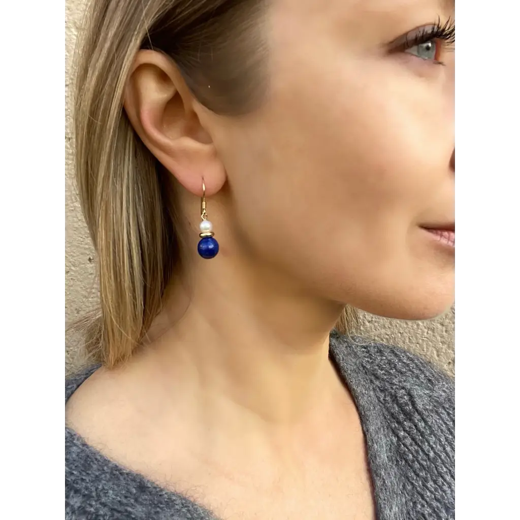 Lapis lazuli and pearl drop earrings cute gemstone earrings