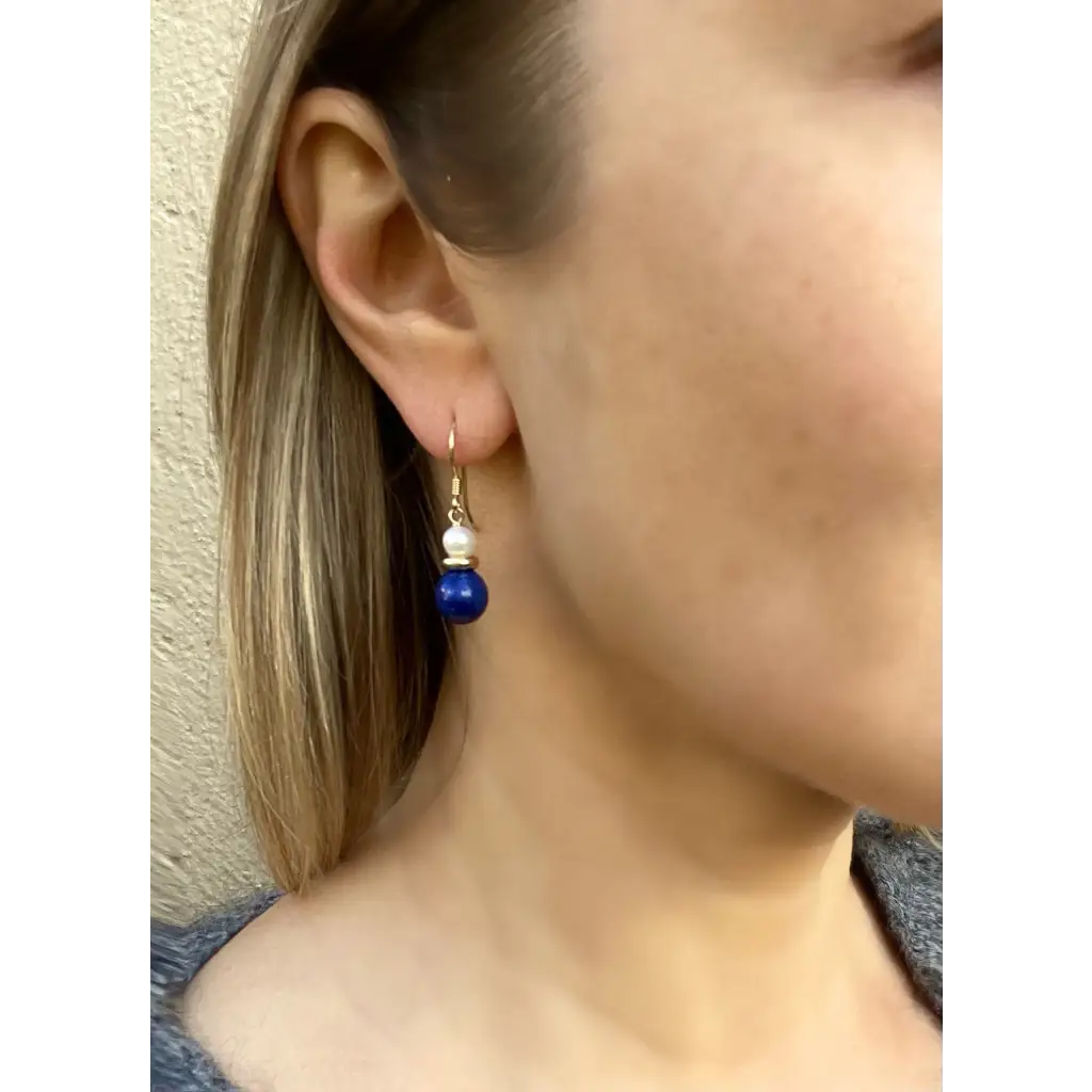 Lapis lazuli and pearl drop earrings cute gemstone earrings