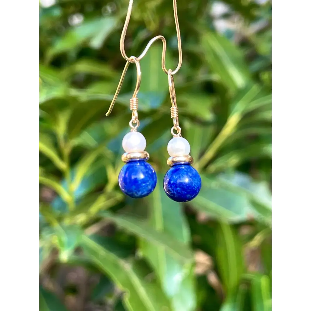 Lapis lazuli and pearl drop earrings cute gemstone earrings