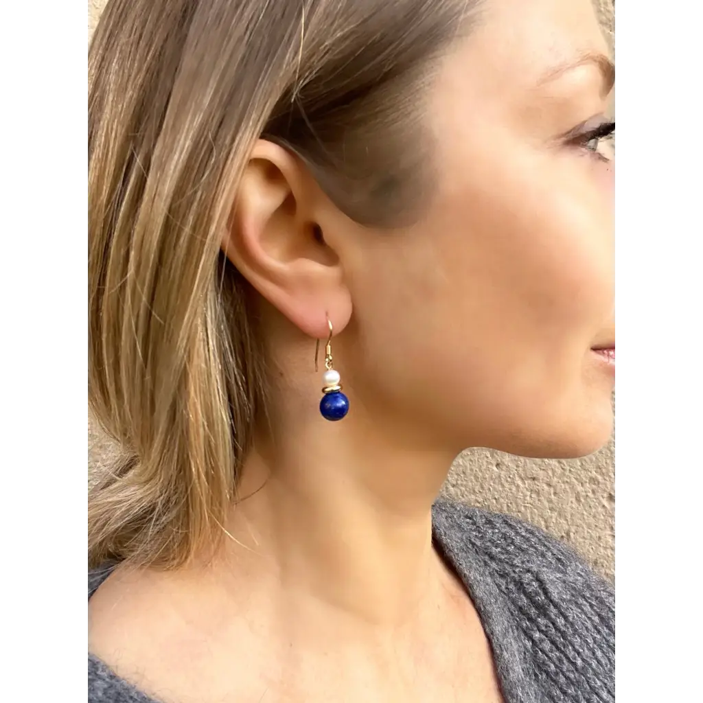 Lapis lazuli and pearl drop earrings cute gemstone earrings